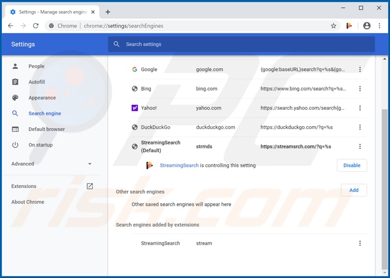 Removing streamsrch.com from Google Chrome default search engine