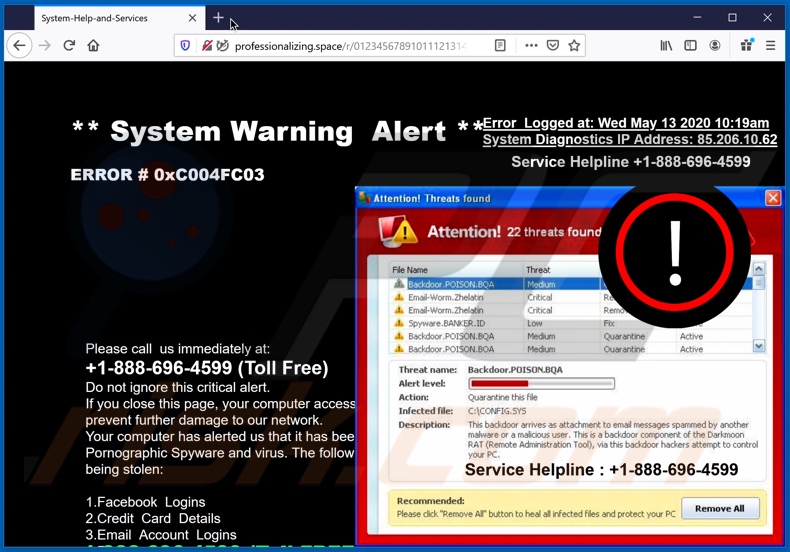 System Warning Alert scam background page