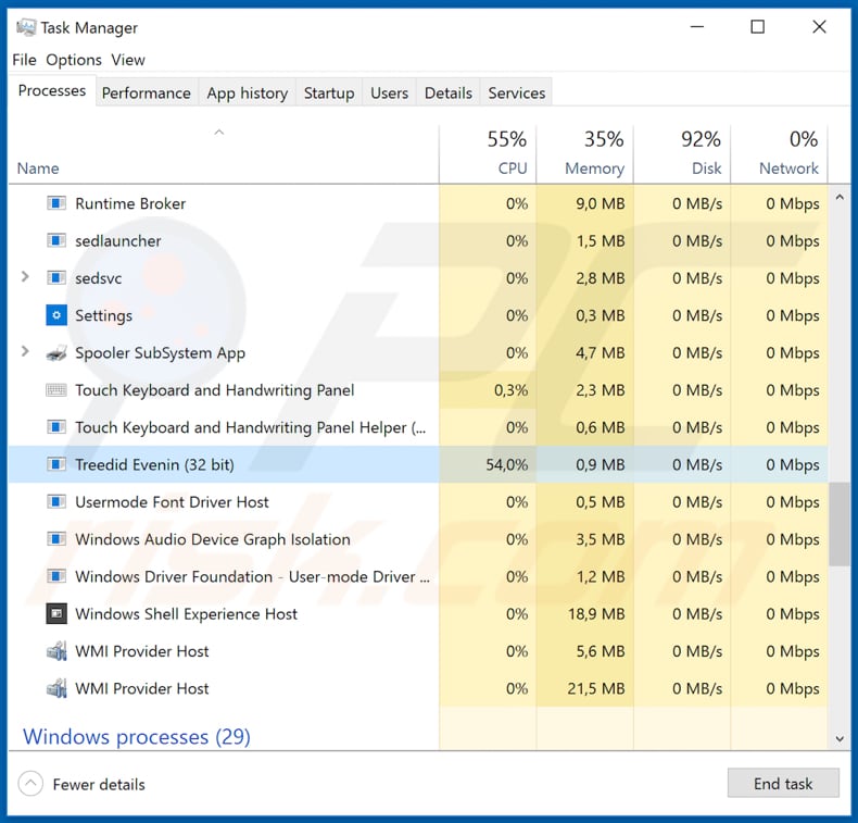 valak malware treedid evenin malicious proccess in task manager