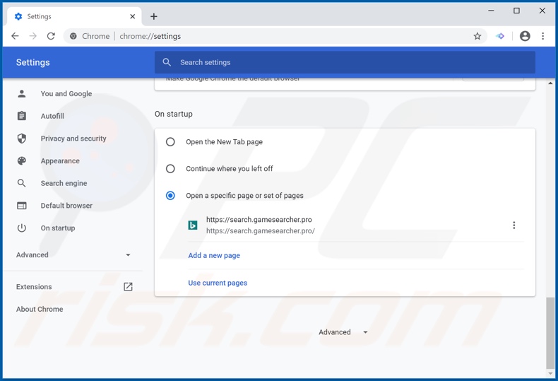 Removing search.gamesearcher.pro from Google Chrome homepage