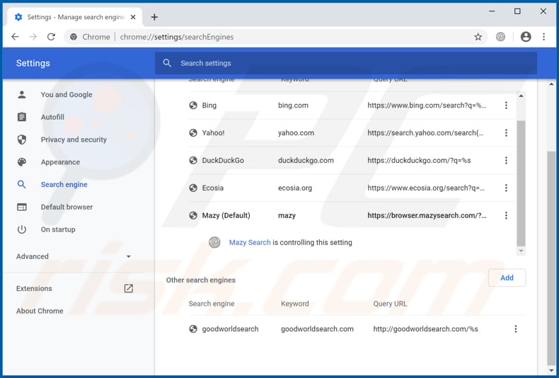 Removing browser.mazysearch.com from Google Chrome default search engine