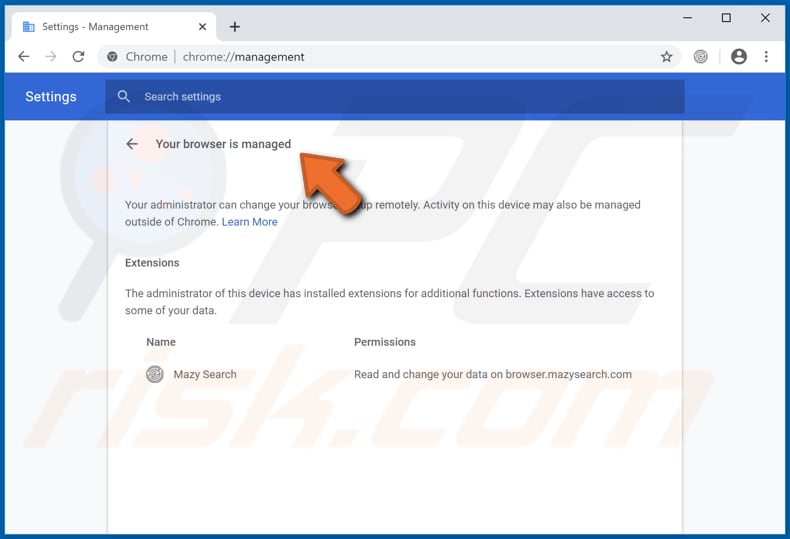 mazy search browser hijacker adds managed by your organization feature