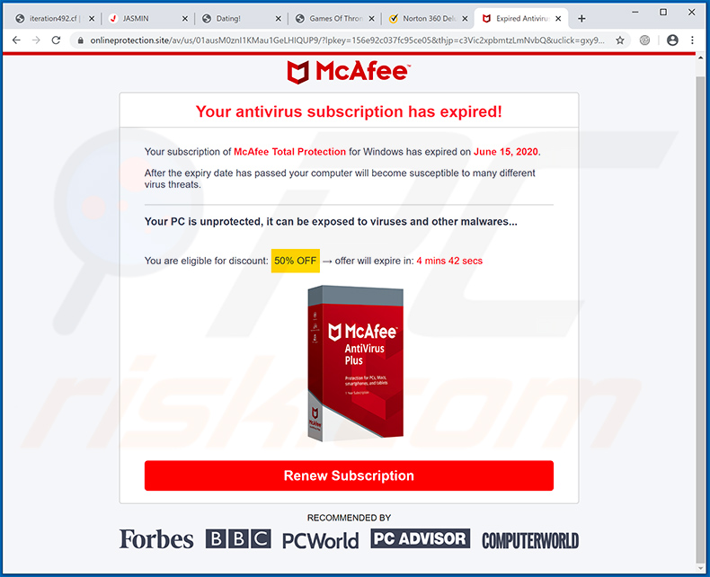 Your McAfee Subscription Has Expired pop-up scam weergegeven door onlineprotection.site