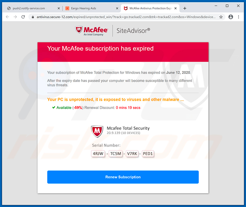 Your McAfee Subscription Has Expired pop-up scam (2020-06-16)