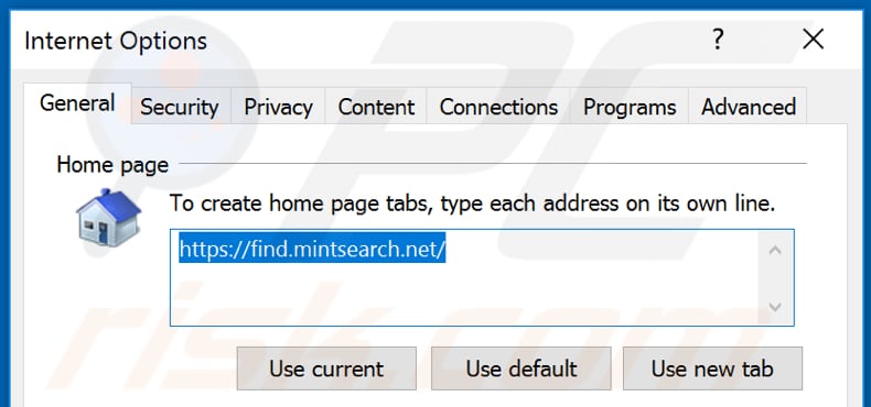 Removing find.mintsearch.net from Internet Explorer homepage
