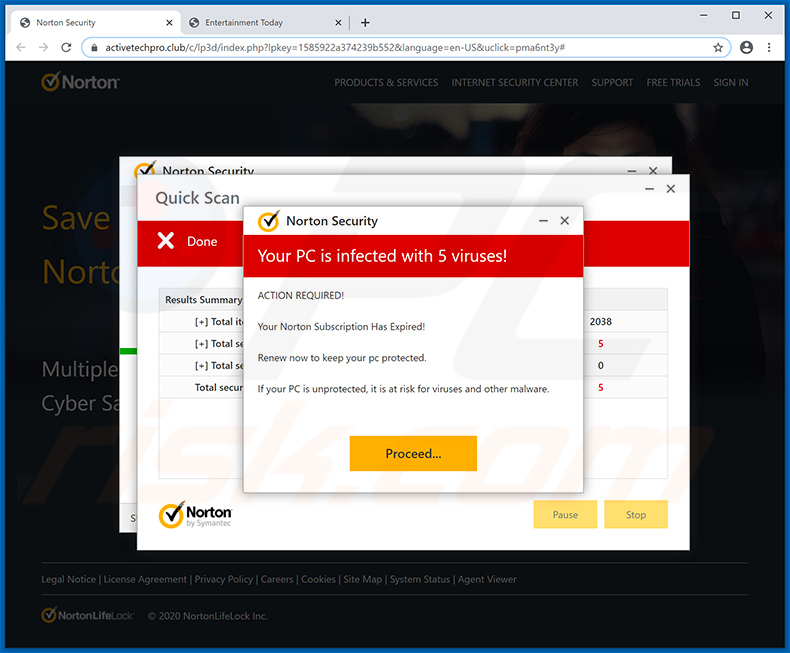 Norton Subscription Has Expired Today pop-up scam weergegeven door activetechpro.club