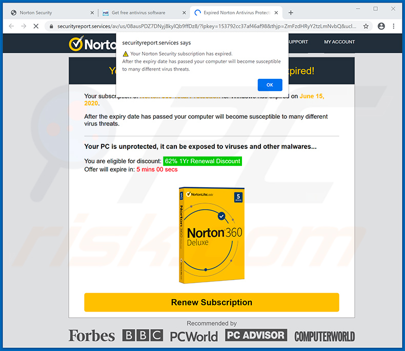 Norton Subscription Has Expired Today pop-up scam weergegeven door securityreport.services
