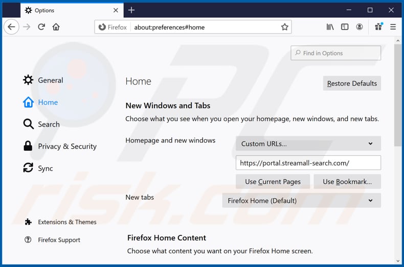 Removing streamall-search.com from Mozilla Firefox homepage