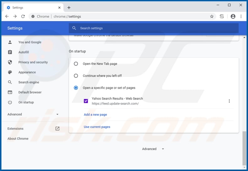 Removing update-search.com from Google Chrome homepage