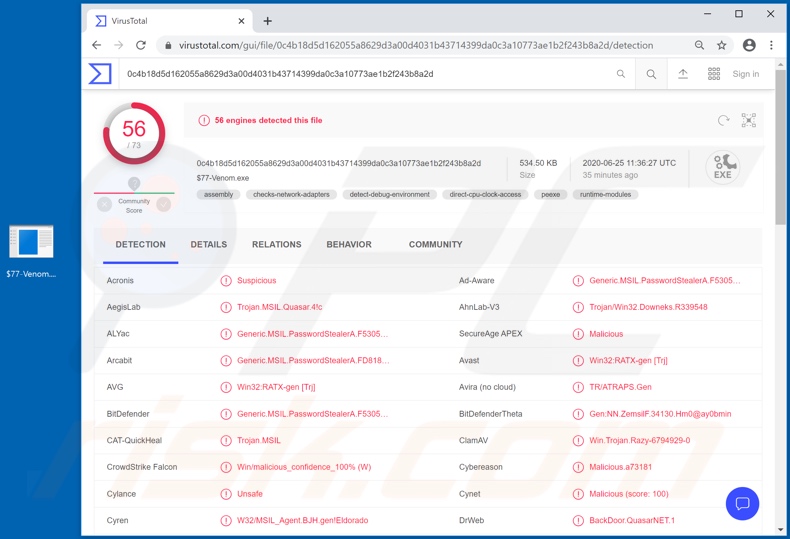 VenomRAT malware detecties aan VirusTotal