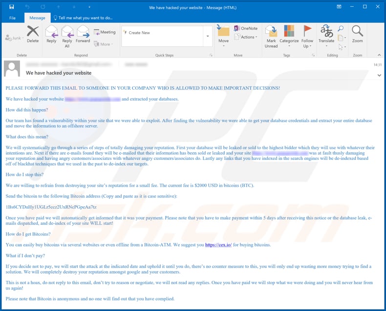 we have hacked your website email scam een andere variant