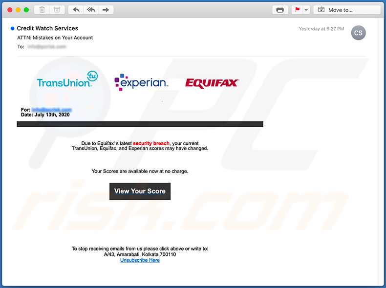 Spam-e-mail met Equifax-thema die wordt gebruikt om phishingwebsites te promoten