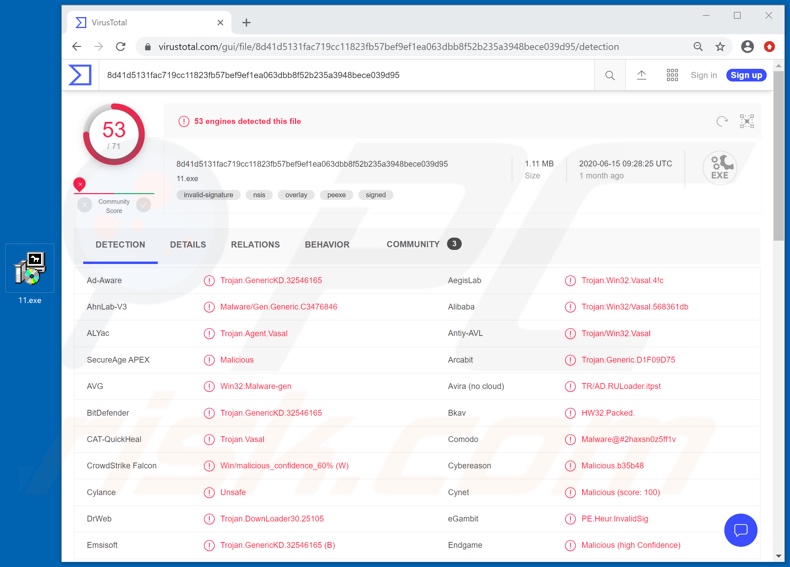 DarkCrystal malware gedetecteerd door VirusTotal