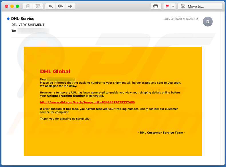 Phishing-e-mail met DHL-thema (2020-07-13)