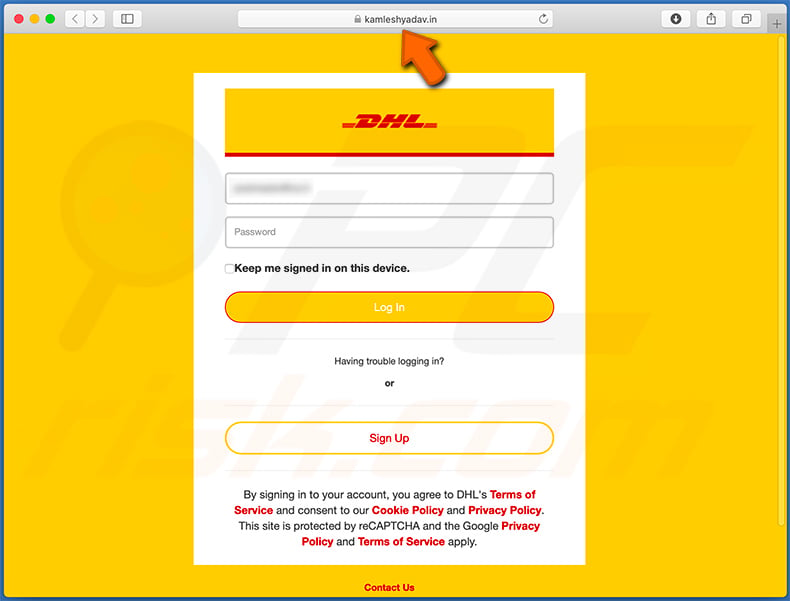 kamleshyadav.in - een valse DHL-inlogsite die wordt gebruikt voor phishing-doeleinden 