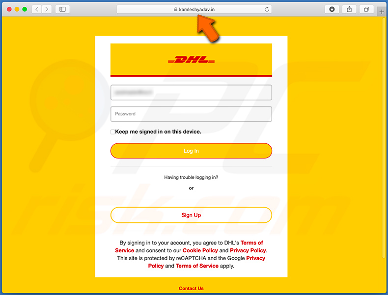 kamleshyadav.in - een valse DHL-inlogsite die wordt gebruikt voor phishing-doeleinden 