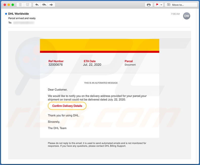 valse DHL-mail die een phishing website promoot (2020-07-24)