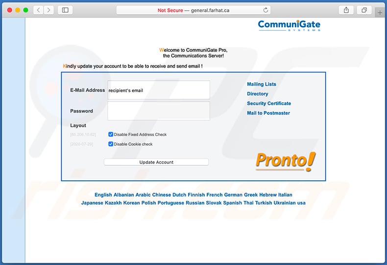 General.farhat.ca phishing-website gepromoot via spam-e-mail
