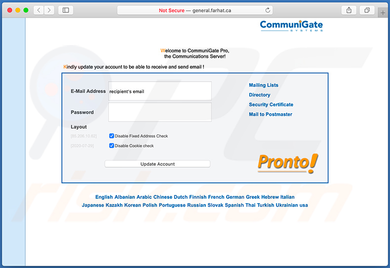 General.farhat.ca phishing-website gepromoot via spam-e-mail