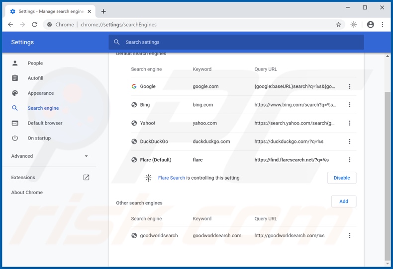 Removing flaresearch.net from Google Chrome default search engine