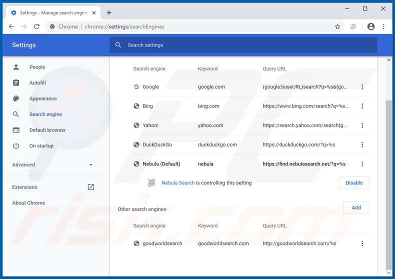 Verwijder nebulasearch.net als standaard zoekmachine in Google Chrome
