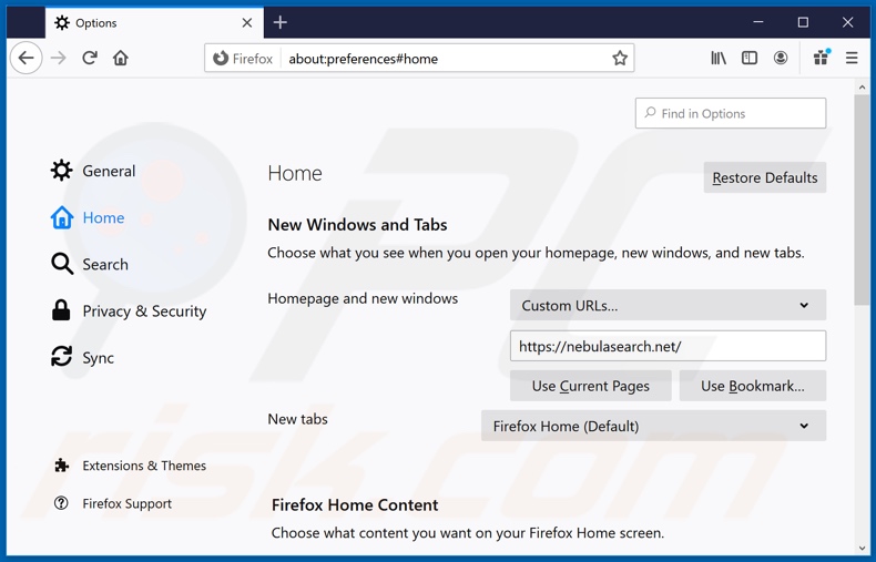 Verwijder nebulasearch.net als startpagina in Mozilla Firefox