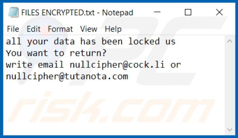 Null ransomware text file (FILES ENCRYPTED.txt)