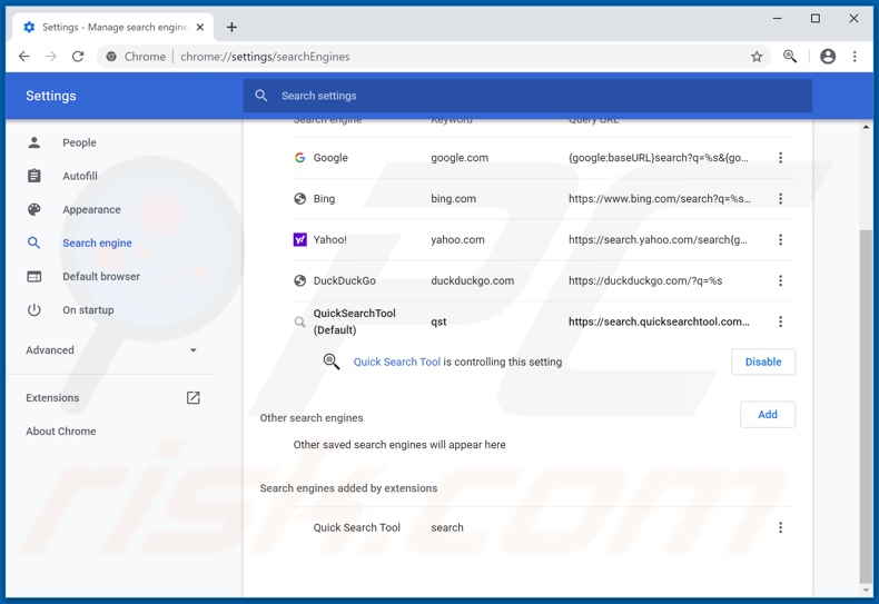 Verwijder quicksearchtool.com als standaard zoekmachine in Google Chrome