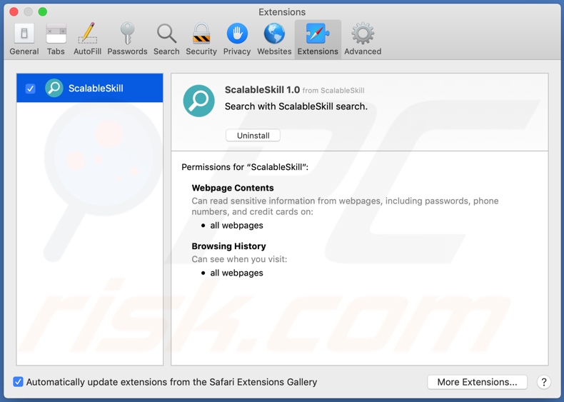 ScalableSkill adware installed onto Safari