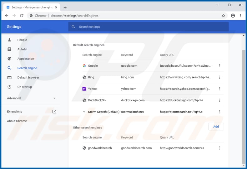 Verwijder stormsearch.net als standaard zoekmachine in Google Chrome 