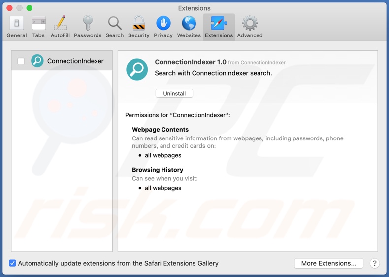 ConnectionIndexer adware installed onto Safari