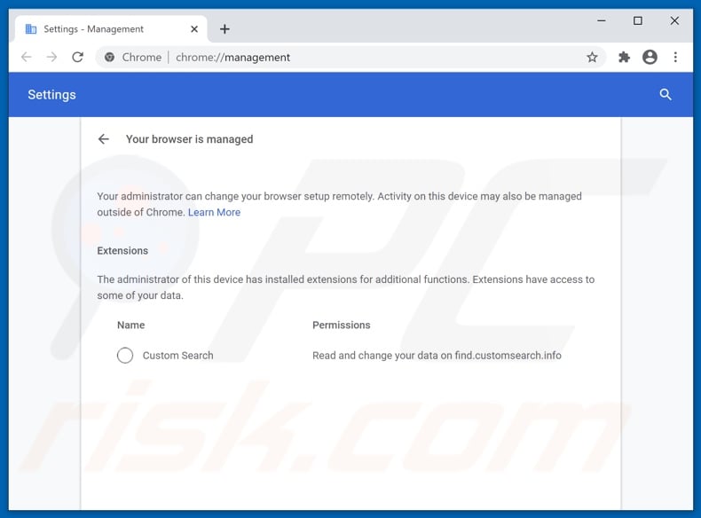 Managed by your organization feature affed to Chrome by  Custom Search browser hijacker