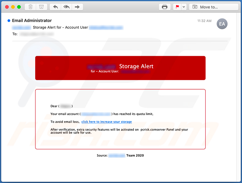 Mail Quota-spammail die een phishing-website promoot (2020-08-19)