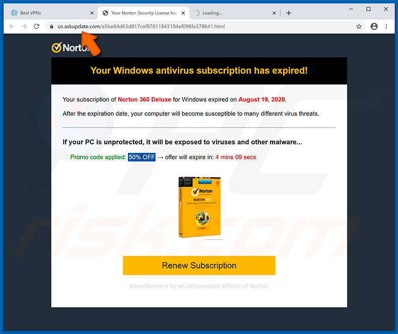 Norton Subscription Has Expired Today pop-up scam weergegeven door us.askupdate.com website