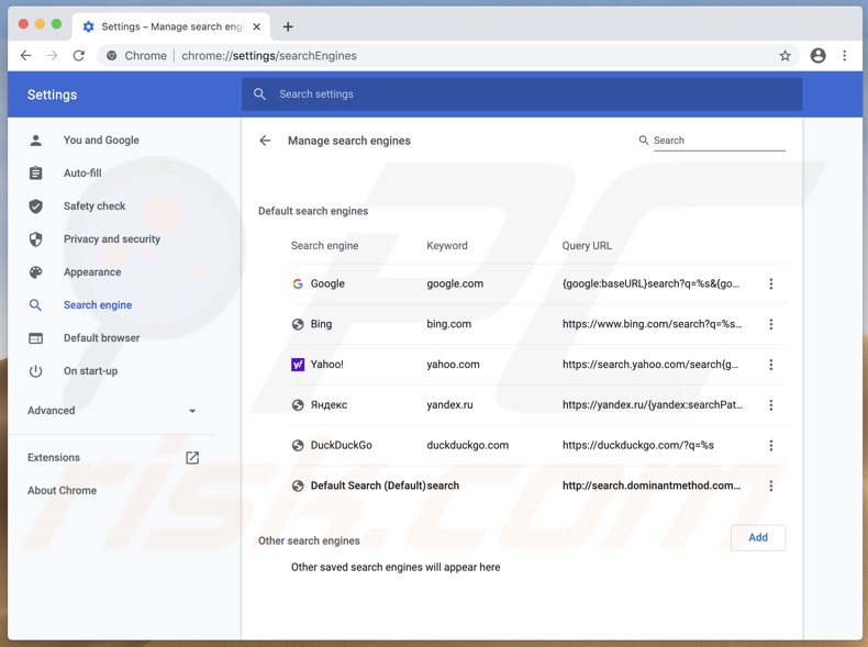 search.dominantmethod.com set as default by ConnectionIndexer in Chrome browsers