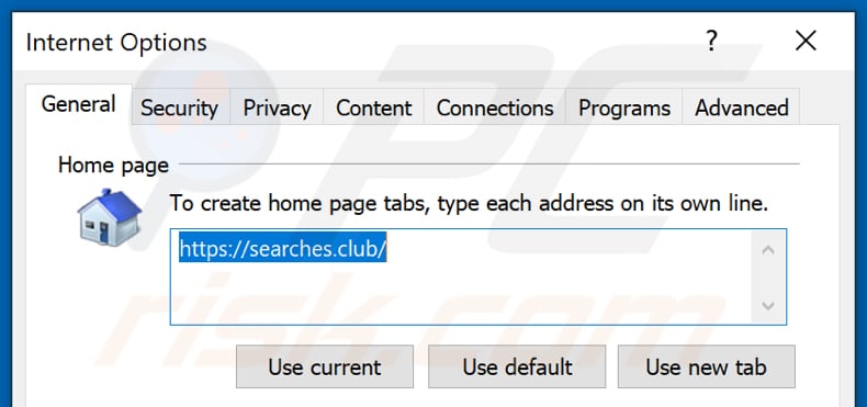 Removing searches.club from Internet Explorer homepage
