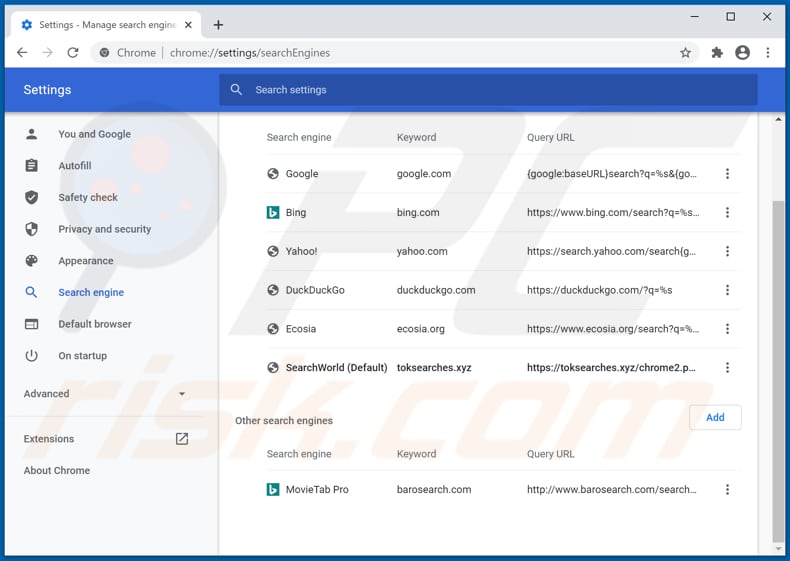 Removing toksearches.xyz from Google Chrome default search engine