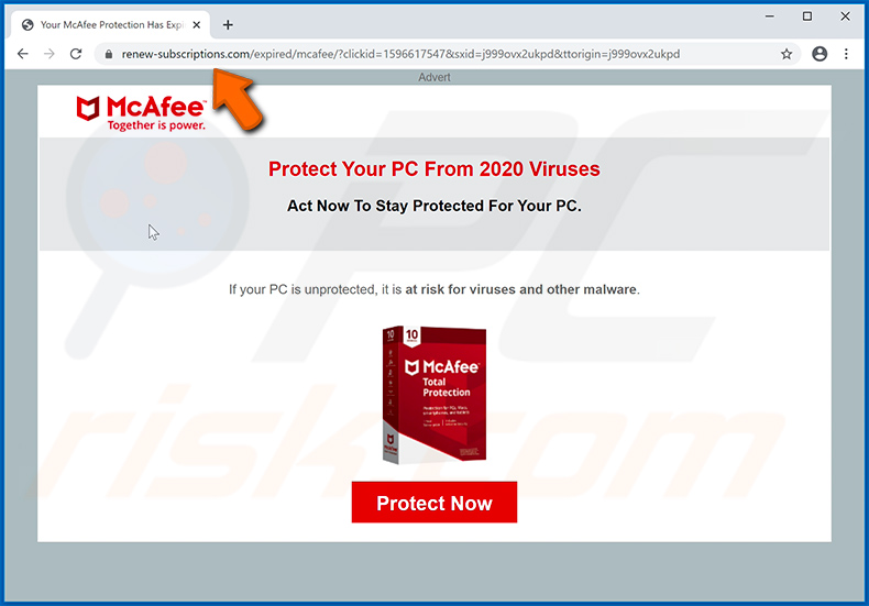 Your McAfee Subscription Has Expired pop-up scam bezorgd door renew-subscriptions.com website