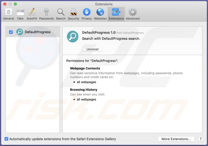 DefaultProgress adware installed on Safari