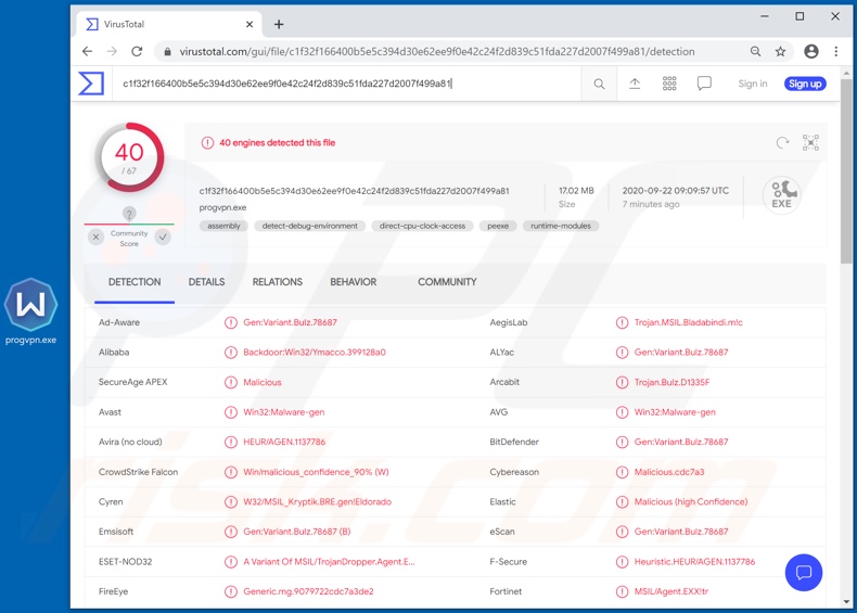 Detectie van de BLADABINDI malware door VirusTotal