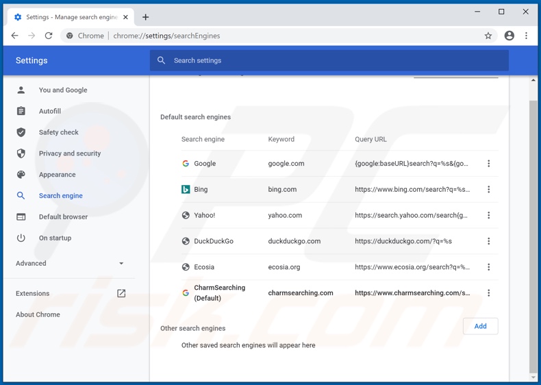 Removing charmsearching.com from Google Chrome default search engine