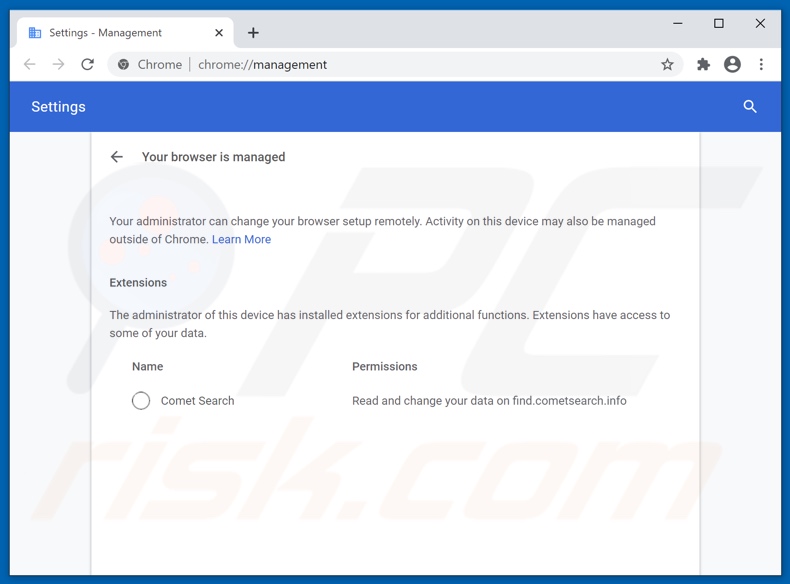 Comet Search browser hijacker added the Managed by your organization feature to Chrome