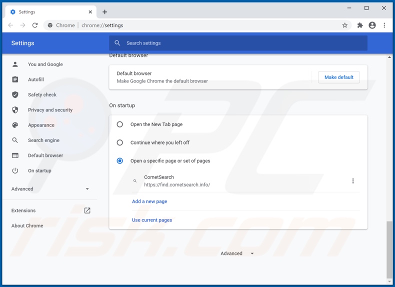 Removing cometsearch.info from Google Chrome homepage