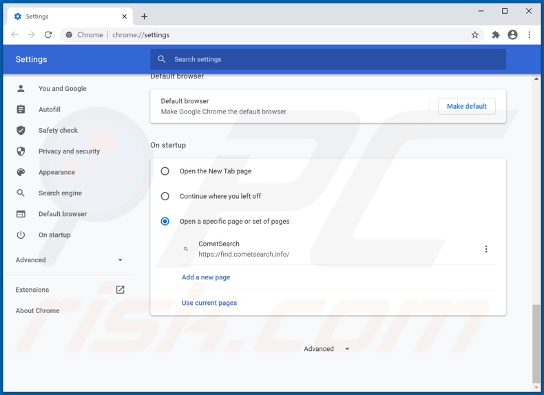 Removing cometsearch.info from Google Chrome homepage