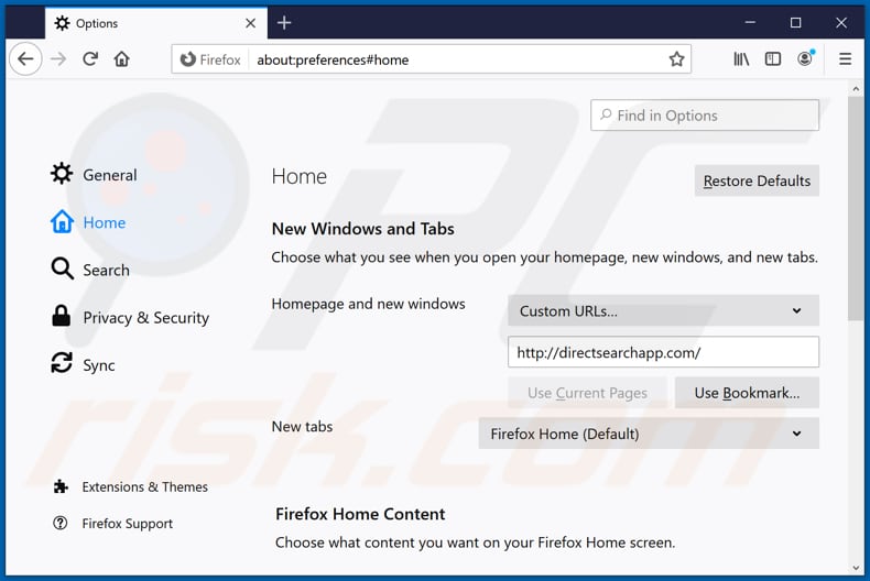 Verwijder directsearchapp.com als startpagina in Mozilla Firefox