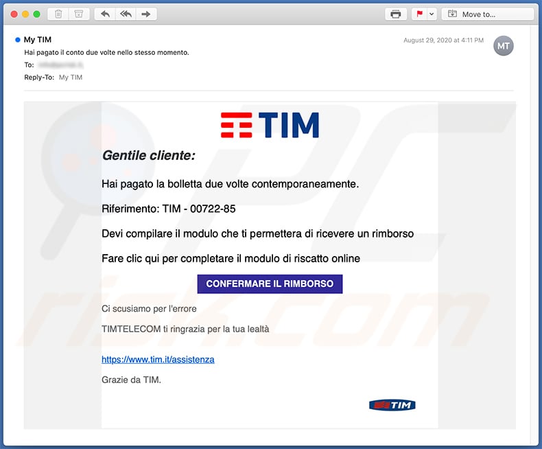 Italiaanse spam-e-mail die wordt gebruikt voor phishing-doeleinden