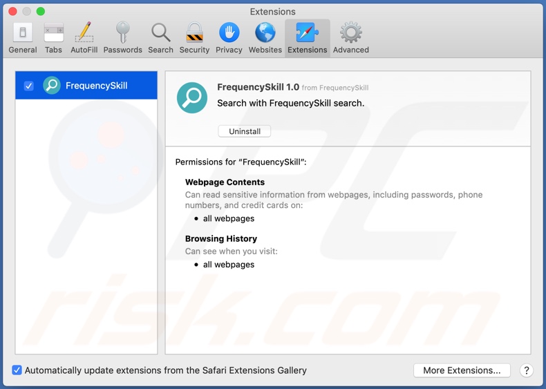FrequencySkill adware installed onto Safari
