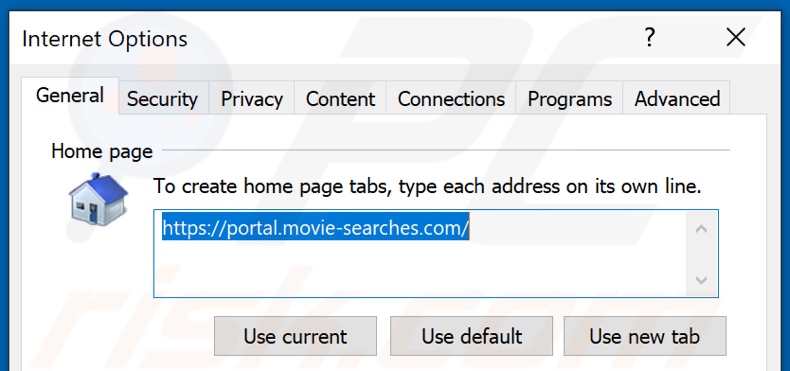 Removing movie-searches.com from Internet Explorer homepage