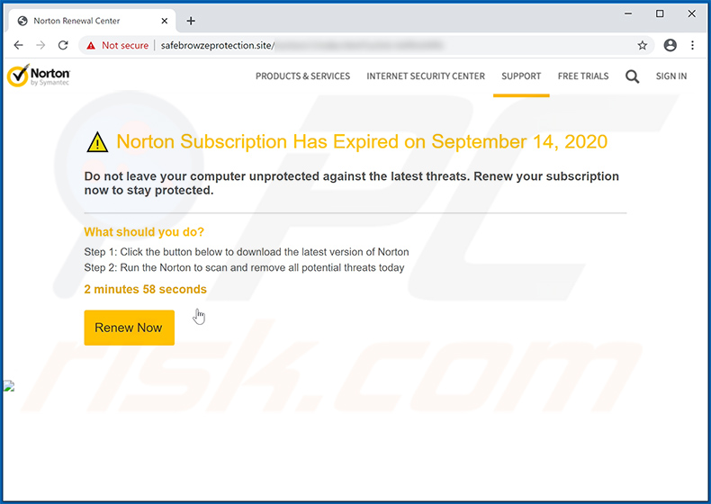 Norton Subscription Has Expired Today scam variant bezorgd door safebrowzeprotection.site website