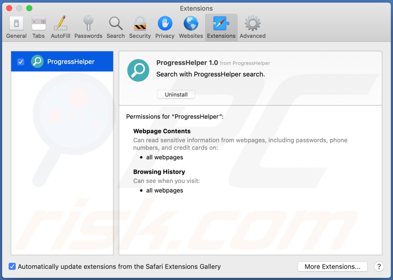 ProgressHelper adware installed onto Safari